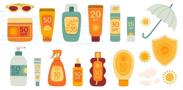 Set of sunscreen products. UV protection for skin. SPF protection and sun safety concept. SPF sunblock summer cosmetic lotion, cream, spray, lipstick. Hand drawn illustration isolated vector