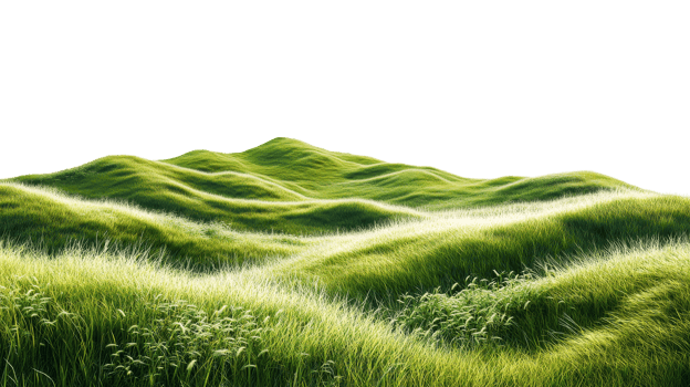 Grass field hills under sunlight, cut out transparent png