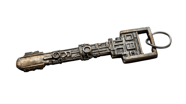 Decorative ornate metal key, cut out transparent png