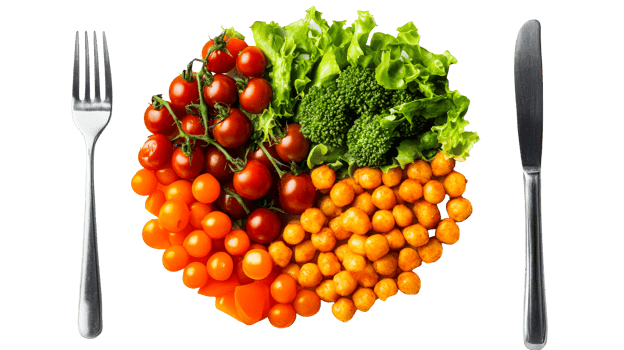 Colorful vegetables with fork, knife, cut out transparent png