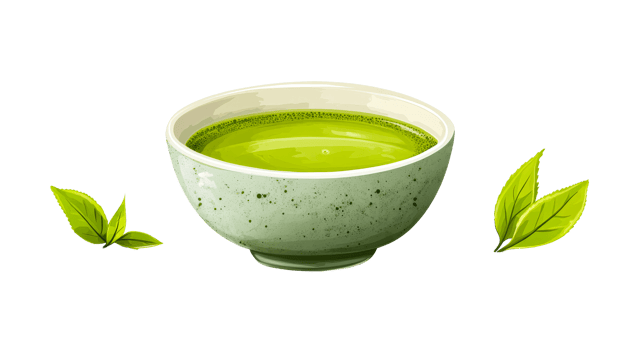 Matcha tea bowl with leaves, cut out transparent png