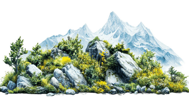 Alpine peaks with flora, transparent cut out png
