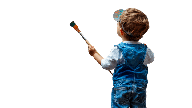 Young artist with brush back view, cut out transparent png