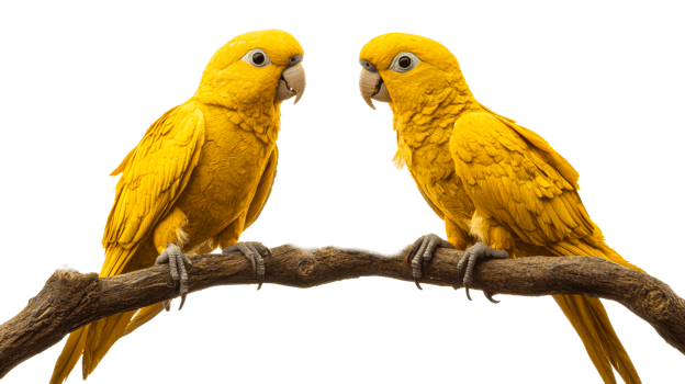 Two Golden Parakeets on Branch, cut out transparent png