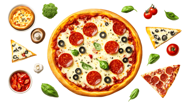 Pepperoni pizza with ingredients, cut out transparent png