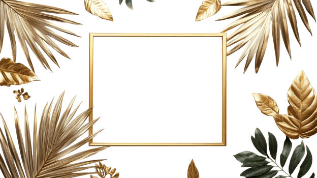 Elegant gold frame surrounded by tropical leaves png