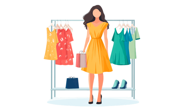 Woman choosing dresses in a boutique setting png