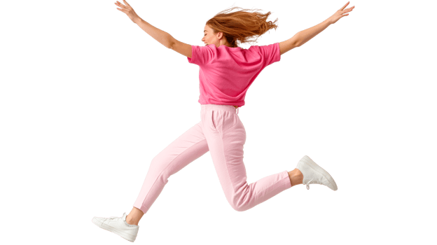 Woman Leaps, Pink Outfit, Excitement, cut out transparent png