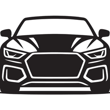 Stylized black and white front view of a sleek sports car featuring bold curves sharp headlights and a wide grille perfect for automotive themes and modern design projects vector
