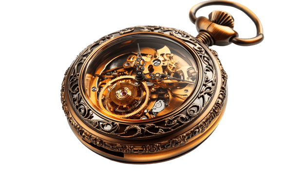 Ornate pocket watch mechanism close up, cut out transparent png