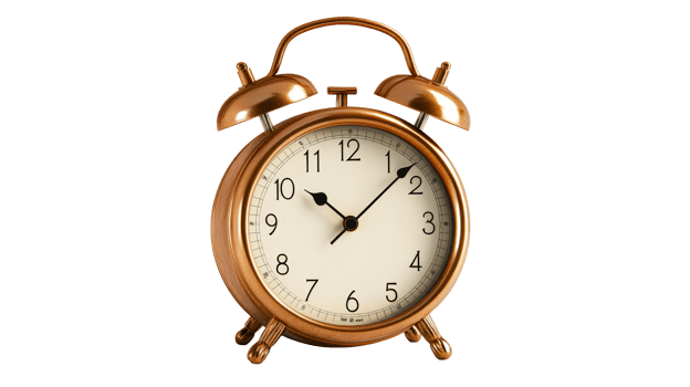 Classic golden alarm clock, cut out transparent png