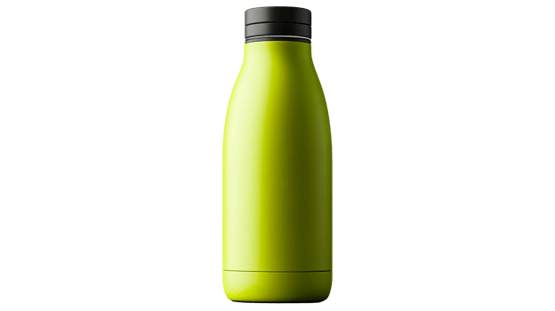 Reusable metallic bottle in chartreuse, cut out transparent png