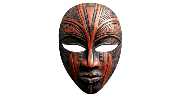 Ethnic wood mask decoration on black, cut out transparent png