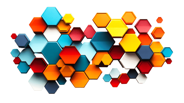 Hexagonal pattern, colorful mosaic on black, cut out transparent png