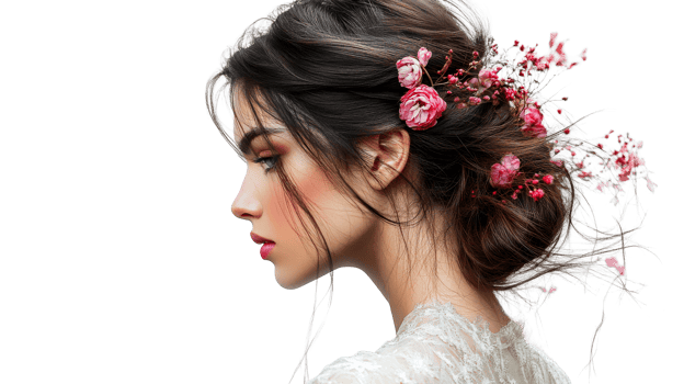 Profile of woman with flower arrangement, cut out transparent png