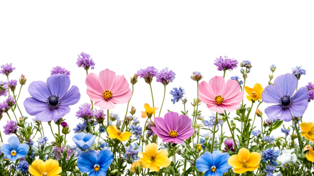 Blooming meadow of colorful wildflowers, cut out transparent png