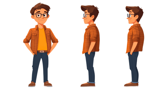 Cartoon man in glasses, multiple views, cut out transparent png