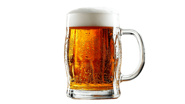 Full beer mug with condensation, cut out transparent png
