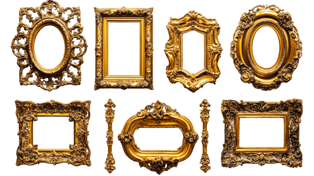 Golden Frames Collection on Black, cut out transparent png