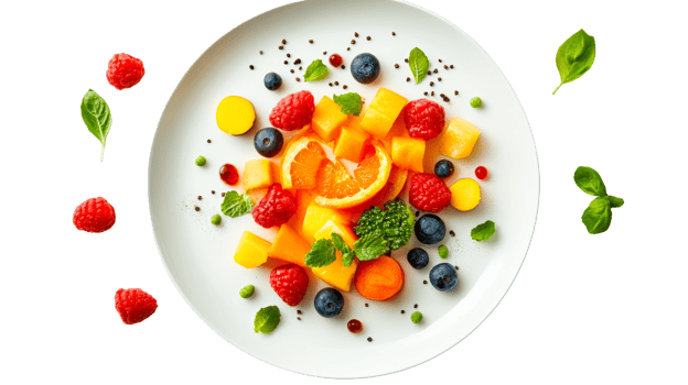 Orange, mango, raspberry plate, cut out transparent png