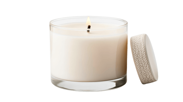 Burning wax candle with lid, cut out transparent png