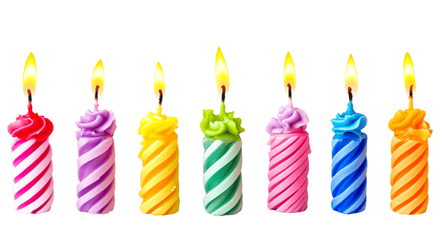 Festive colorful burning candles, cut out transparent png