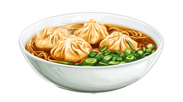 Bowl filled with noodle soup, cut out transparent png