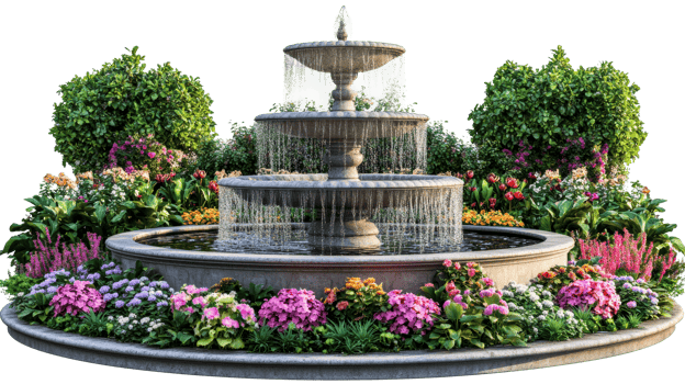 Three-tiered fountain with flowers, cut out transparent png
