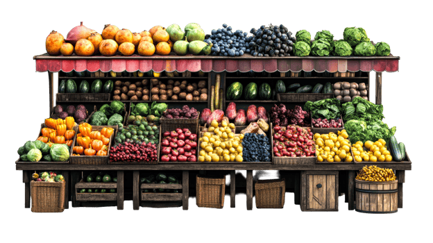 Produce stand filled with fresh fruits, vegetables, cut out transparent png