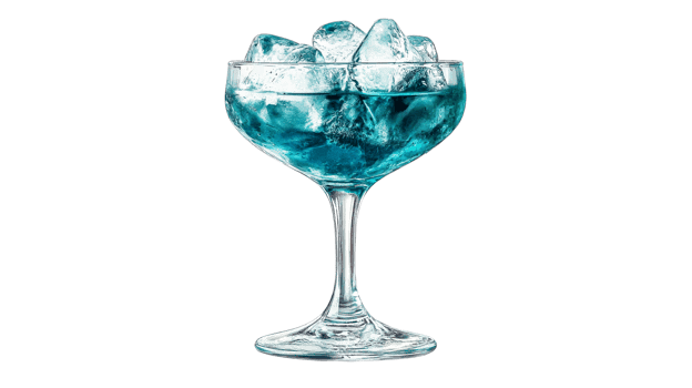 Blue drink with ice in goblet, cut out transparent png