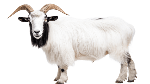White hairy goat with horns, cut out transparent png