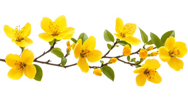 Yellow blossoms on branch, cut out transparent png