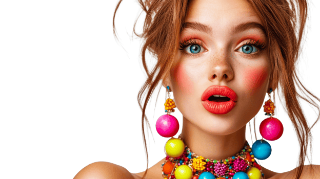 Astonished girl, vivid accessories, cut out transparent png