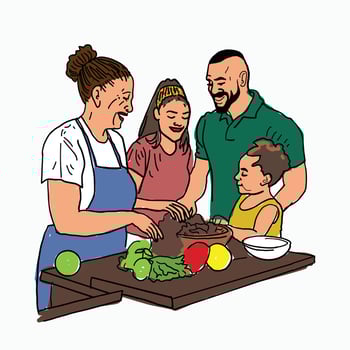 Family cooking together. Husband and wife and mother-in-law and little daughter. Cartoon Style Illustration vector