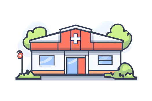 A vibrant medical facility with a red cross sign surrounded by greenery and clouds ideal for png