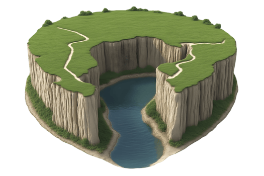 Aerial view of a secluded island with cliffs and a lake png