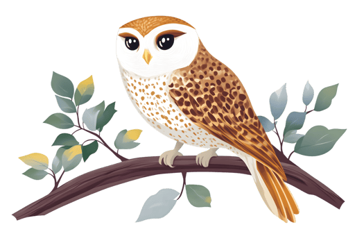 Charming Owl Perched on a Branch with Leaves Ideal for Nature and Wildlife Themes png