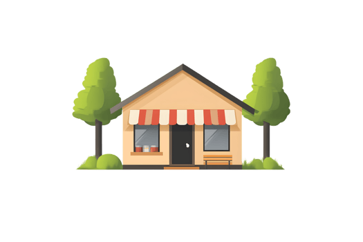 Cozy Cottage with Striped Awning Surrounded by Lush Greenery png