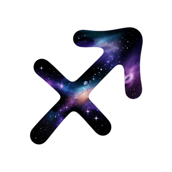 A Sagittarius zodiac symbol is filled with a vibrant galaxy pattern, featuring stars and nebulae in shades of purple and blue cutouts png