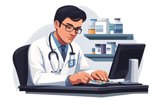 Doctor in White Coat Using Computer with Medications and Pills Around Medical Professional at png