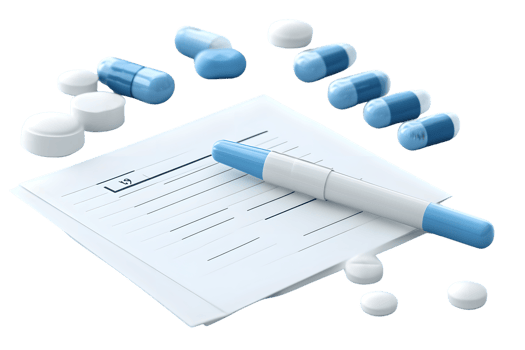 Medical Prescription and Medication Display with Pills Capsules Pen and Notepad for Healthca png