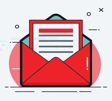 Open red envelope reveals a document with lines on white backdrop design vector