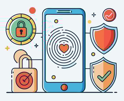 Smartphone displays fingerprint heart scan guarded by lock, security shields representing privacy on light backdrop vector