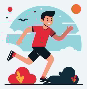 Smiling athletic Asian man in red shirt runs past stylized nature background seamlessly vector