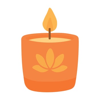 Flat cartoon candle in orange cup with lotus flower. Great for yoga, spa and wellness. vector