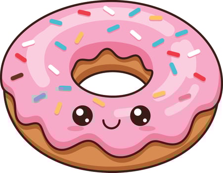 Cute pink frosted donut with colorful sprinkles and smiling face cartoon illustration vector