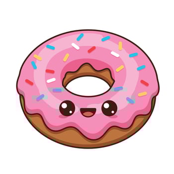 Cute pink frosted donut with colorful sprinkles and happy face cartoon illustration vector