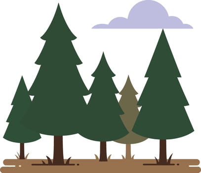 Group of green pine trees with brown trunks and small cloud illustration in simple style vector