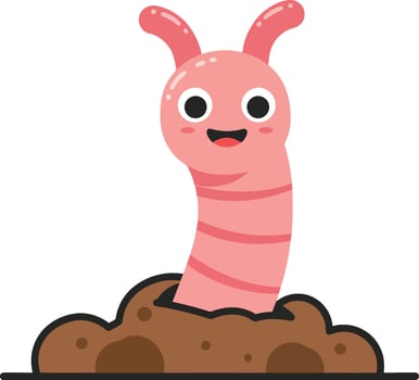 Happy pink cartoon earthworm coming out of soil illustration with cute facial expression and round eyes vector