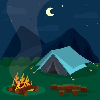 Night camp with blue tent. vector